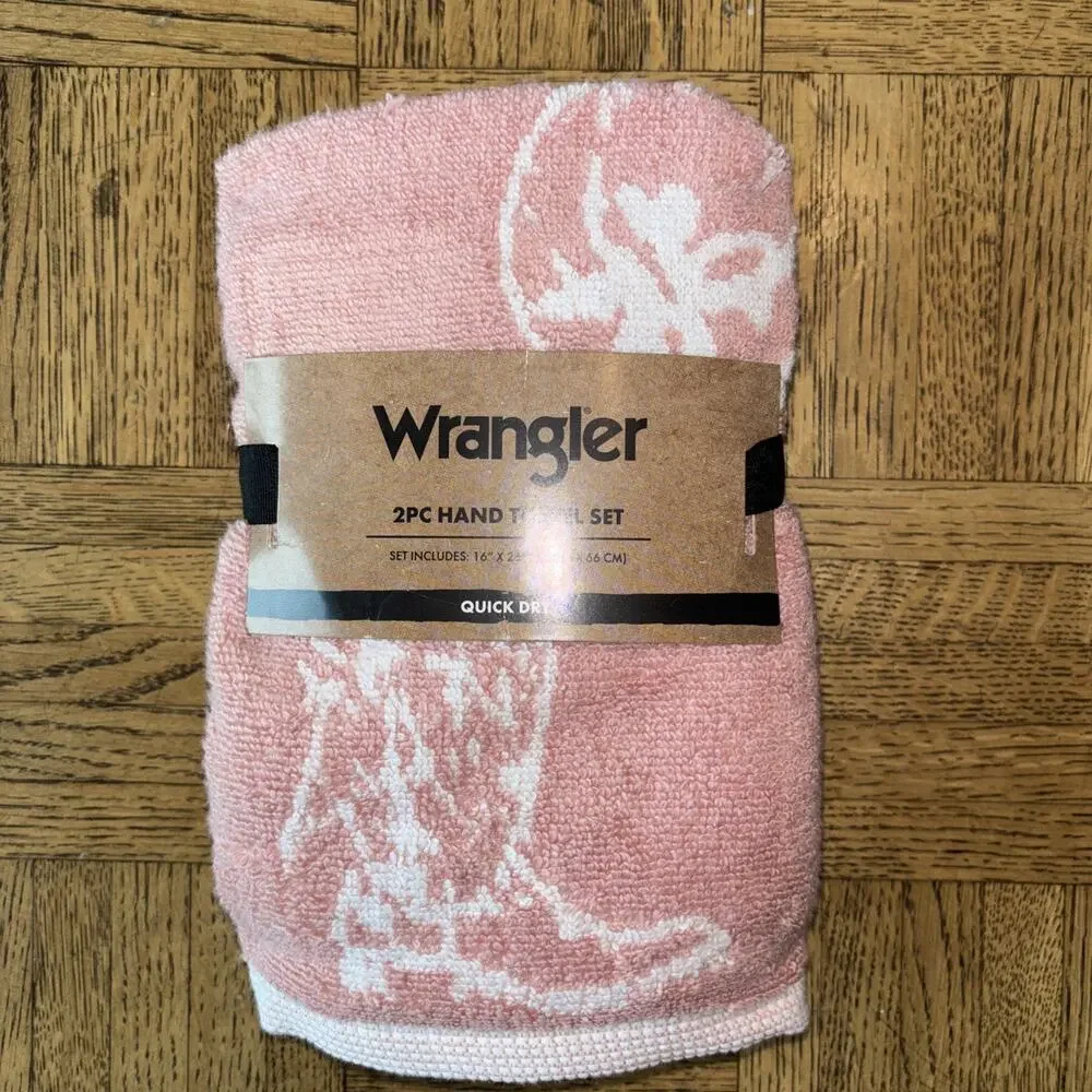 Wrangler Cowboy Like Me Pink Peach Boots Hat Hand Towels White Set of 2 NEW
